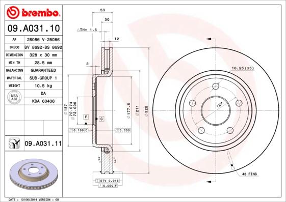 Brembo 09.A031.11 - Тормозной диск autospares.lv