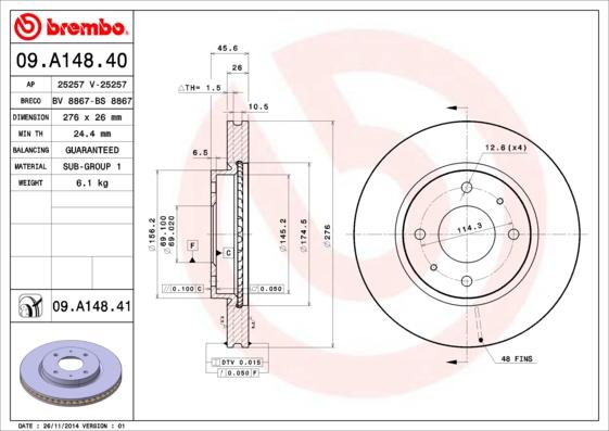 Brembo 09.A148.41 - Тормозной диск autospares.lv