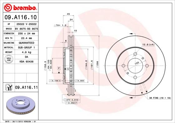 Brembo 09.A116.10 - Тормозной диск autospares.lv