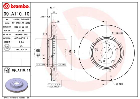 Brembo 09.A110.10 - Тормозной диск autospares.lv