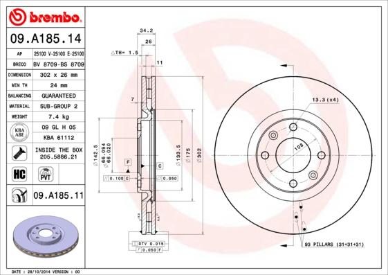 Brembo 09.A185.11 - Тормозной диск autospares.lv