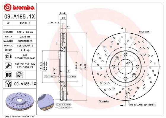 Brembo 09.A185.1X - Тормозной диск autospares.lv