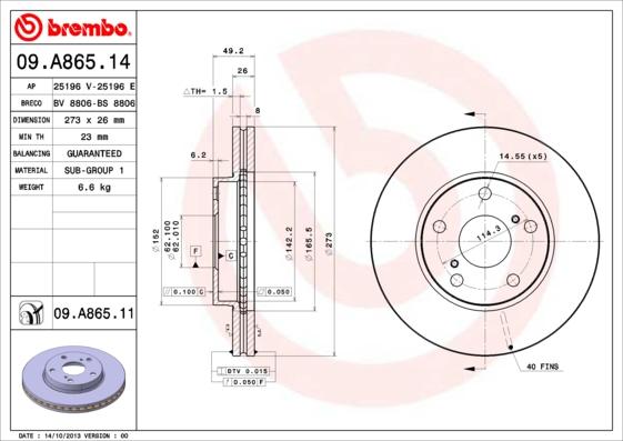 Brembo 09.A865.11 - Тормозной диск autospares.lv