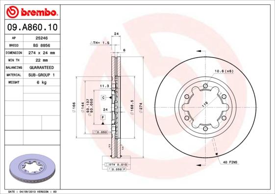 Brembo 09.A860.10 - Тормозной диск autospares.lv