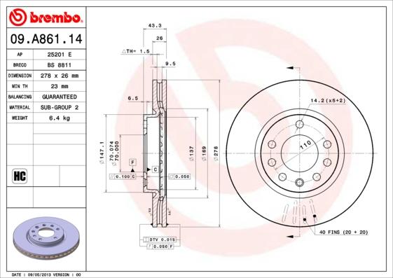 Brembo 09.A861.14 - Тормозной диск autospares.lv