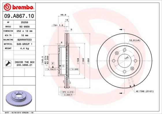 Brembo 09.A867.10 - Тормозной диск autospares.lv