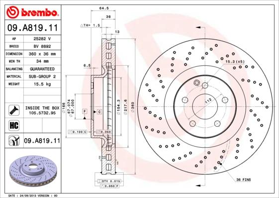 Brembo 09.A819.11 - Тормозной диск autospares.lv