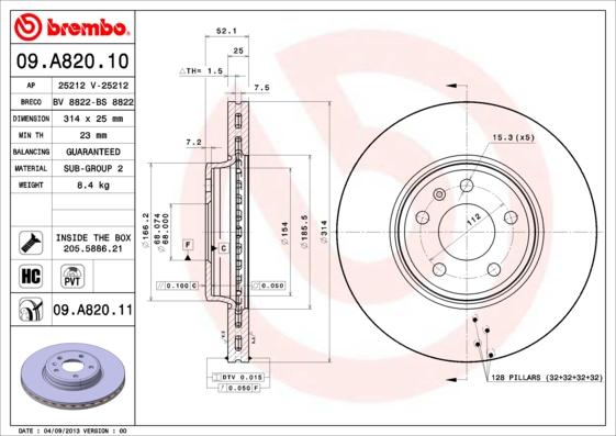Brembo 09.A820.11 - Тормозной диск autospares.lv