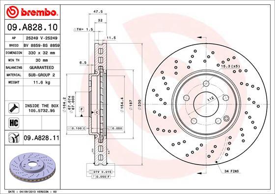 Brembo 09.A828.10 - Тормозной диск autospares.lv