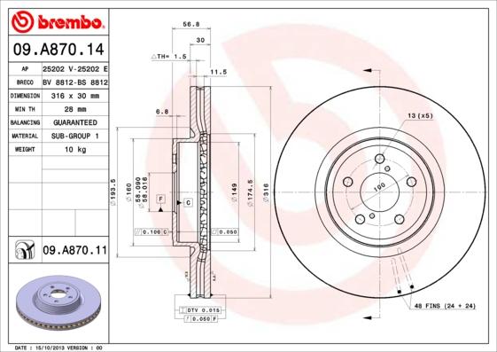 Brembo 09.A870.14 - Тормозной диск autospares.lv