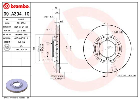 Brembo 09.A304.10 - Тормозной диск autospares.lv