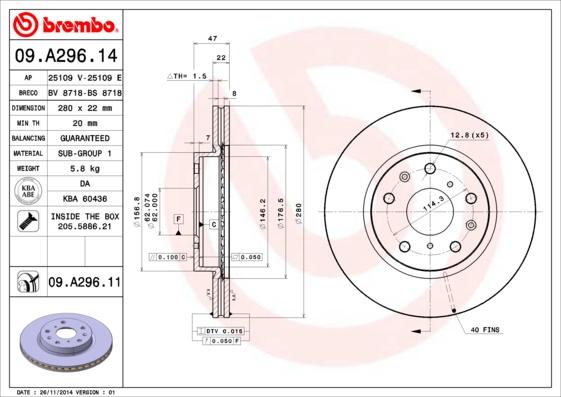 Brembo 09.A296.11 - Тормозной диск autospares.lv