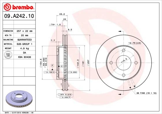 Brembo 09.A242.10 - Тормозной диск autospares.lv