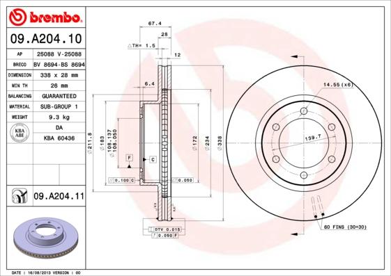 Brembo 09.A204.10 - Тормозной диск autospares.lv