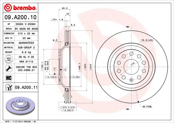 Brembo 09.A200.11 - Тормозной диск autospares.lv