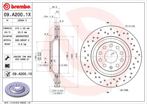 Brembo 09.A200.1X - Тормозной диск autospares.lv