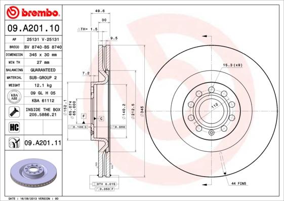 Brembo 09.A201.11 - Тормозной диск autospares.lv