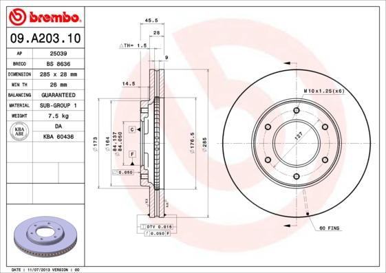 Brembo 09.A203.10 - Тормозной диск autospares.lv