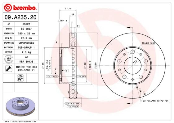 Brembo 09.A235.20 - Тормозной диск autospares.lv