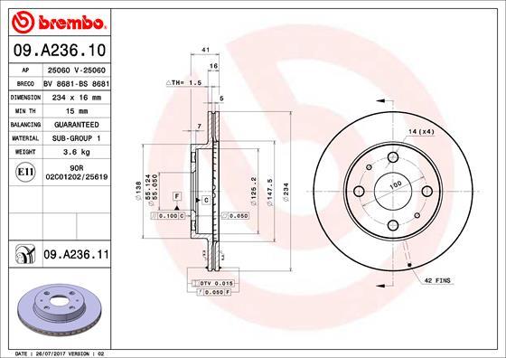 Brembo 09.A236.11 - Тормозной диск autospares.lv