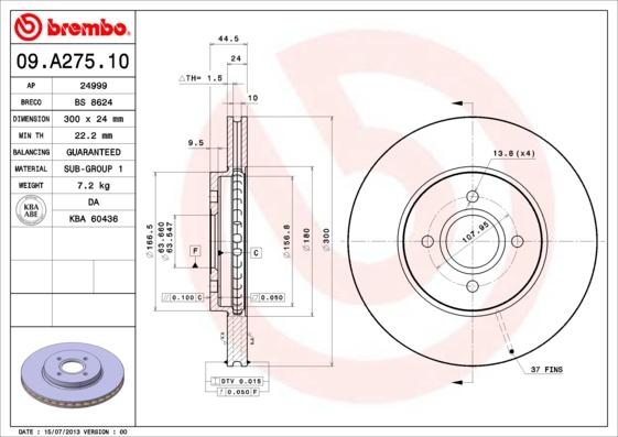 Brembo 09.A275.10 - Тормозной диск autospares.lv
