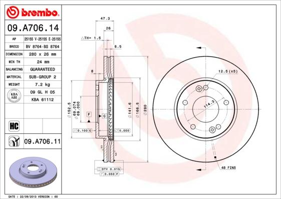 Brembo 09.A706.14 - Тормозной диск autospares.lv