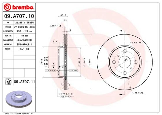Brembo 09.A707.11 - Тормозной диск autospares.lv