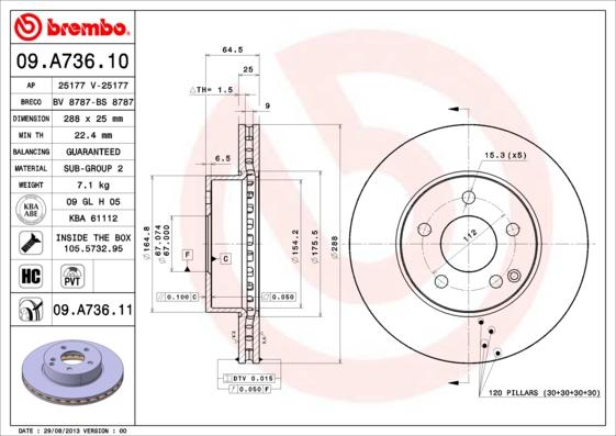 Brembo 09.A736.10 - Тормозной диск autospares.lv