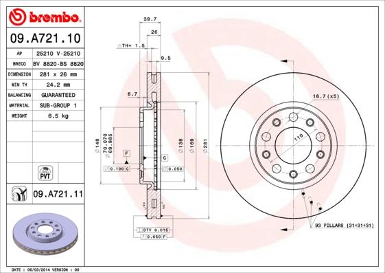 Brembo 09.A721.11 - Тормозной диск autospares.lv