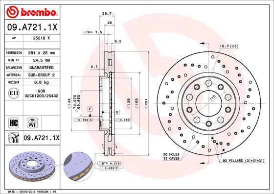 Brembo 09.A721.1X - Тормозной диск autospares.lv
