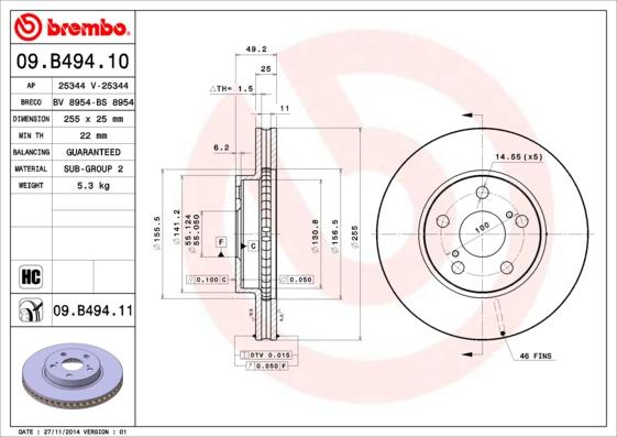 Brembo 09.B494.10 - Тормозной диск autospares.lv