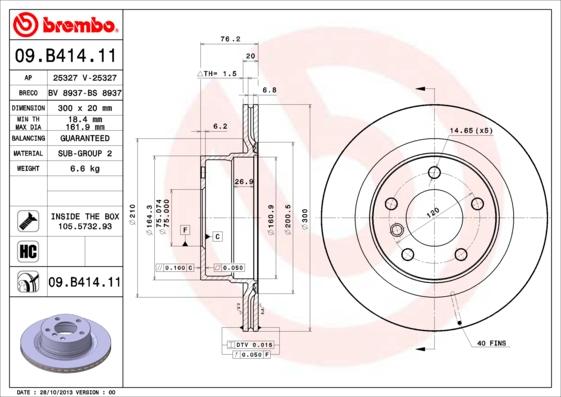 Brembo 09.B414.11 - Тормозной диск autospares.lv