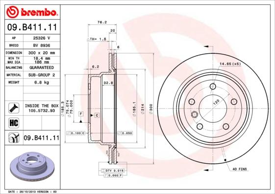 Brembo 09.B411.11 - Тормозной диск autospares.lv