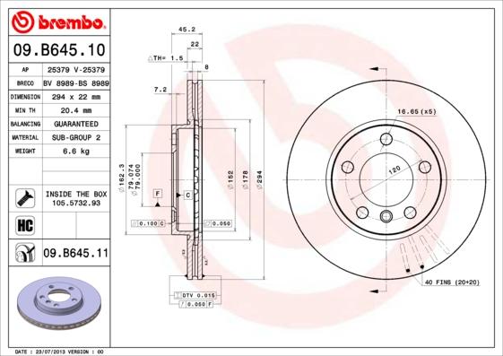 Brembo 09.B645.11 - Тормозной диск autospares.lv