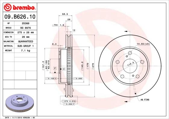 Brembo 09.B626.10 - Тормозной диск autospares.lv