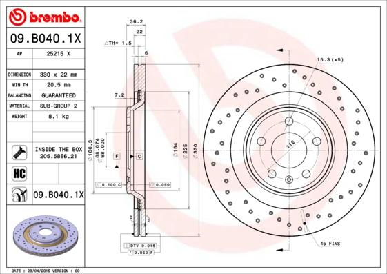 Brembo 09.B040.1X - Тормозной диск autospares.lv