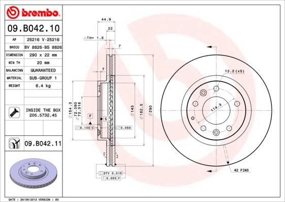 Brembo 09.B042.10 - Тормозной диск autospares.lv