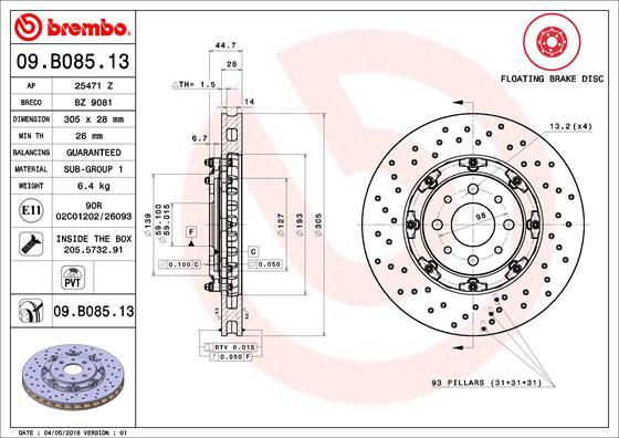 Brembo 09.B085.13 - Тормозной диск autospares.lv