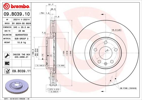 Brembo 09.B039.10 - Тормозной диск autospares.lv