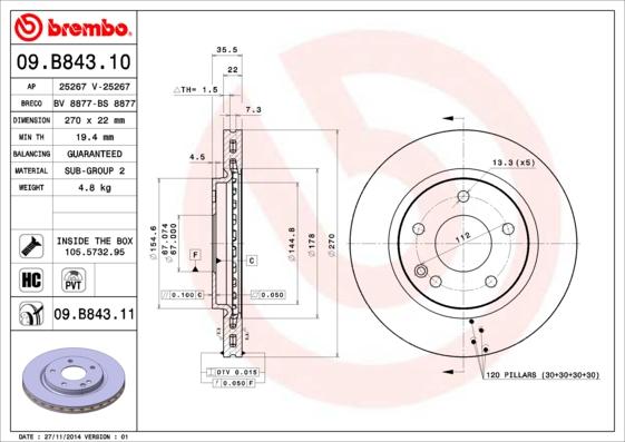 Brembo 09.B843.11 - Тормозной диск autospares.lv