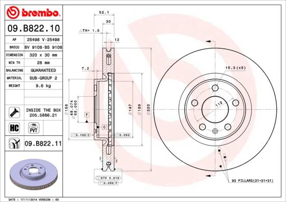 Brembo 09.B822.11 - Тормозной диск autospares.lv