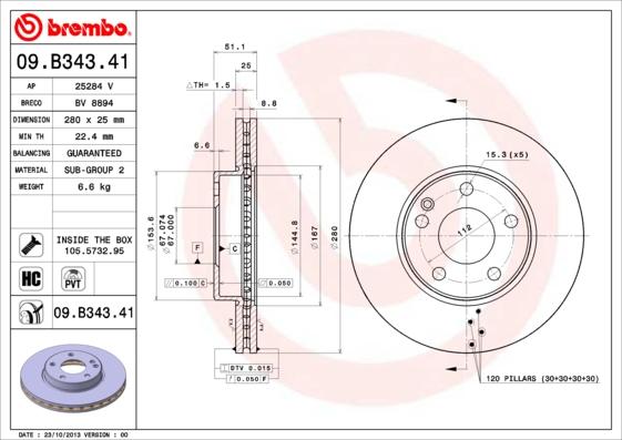 Brembo 09.B343.41 - Тормозной диск autospares.lv