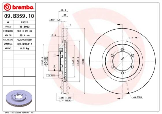 Brembo 09.B359.10 - Тормозной диск autospares.lv