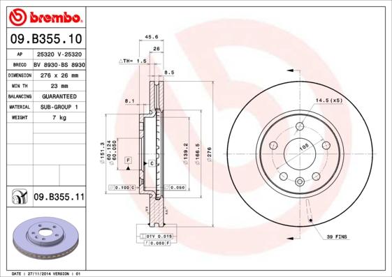 Brembo 09.B355.10 - Тормозной диск autospares.lv