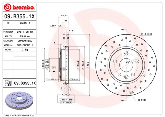 Brembo 09.B355.1X - Тормозной диск autospares.lv