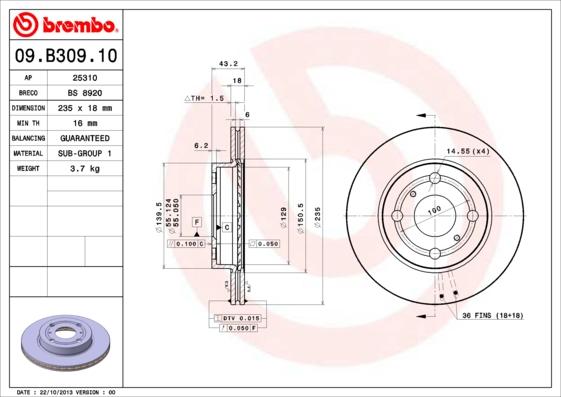 Brembo 09.B309.10 - Тормозной диск autospares.lv