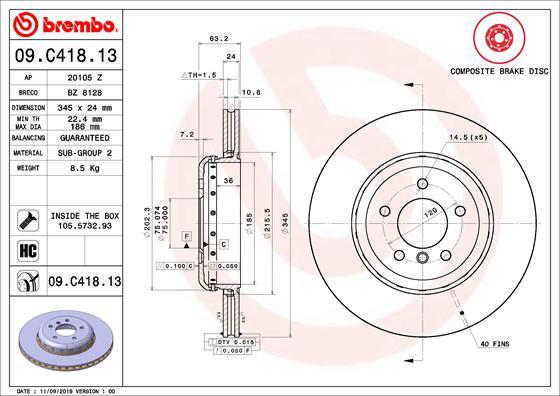 Brembo 09.C418.13 - Тормозной диск autospares.lv