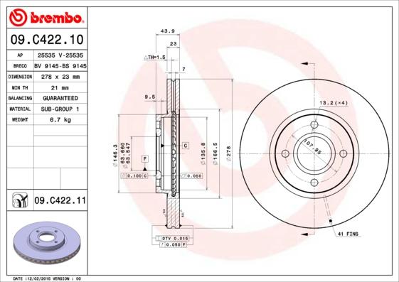 Brembo 09.C422.11 - Тормозной диск autospares.lv