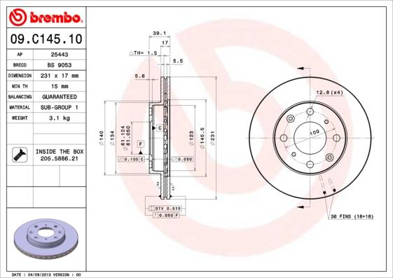 Brembo 09.C145.10 - Тормозной диск autospares.lv