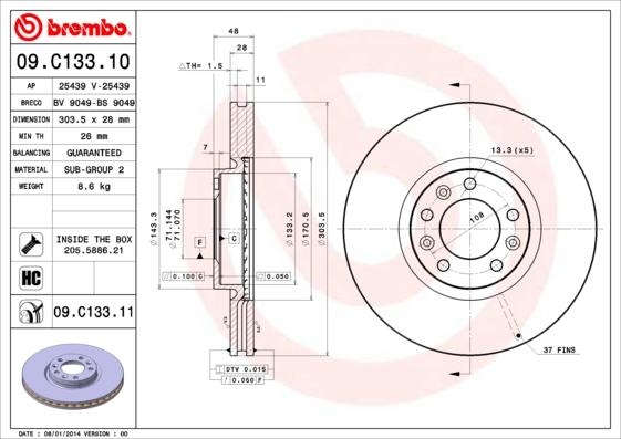 Brembo 09.C133.11 - Тормозной диск autospares.lv
